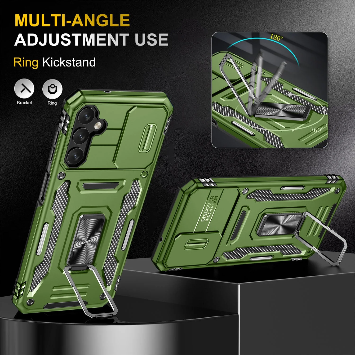 Vaku ® Samsung Galaxy A34 5G Aegis Armor Slide Camera Protection Magnetic Ring Holder Kickstand Back Cover - Image 2