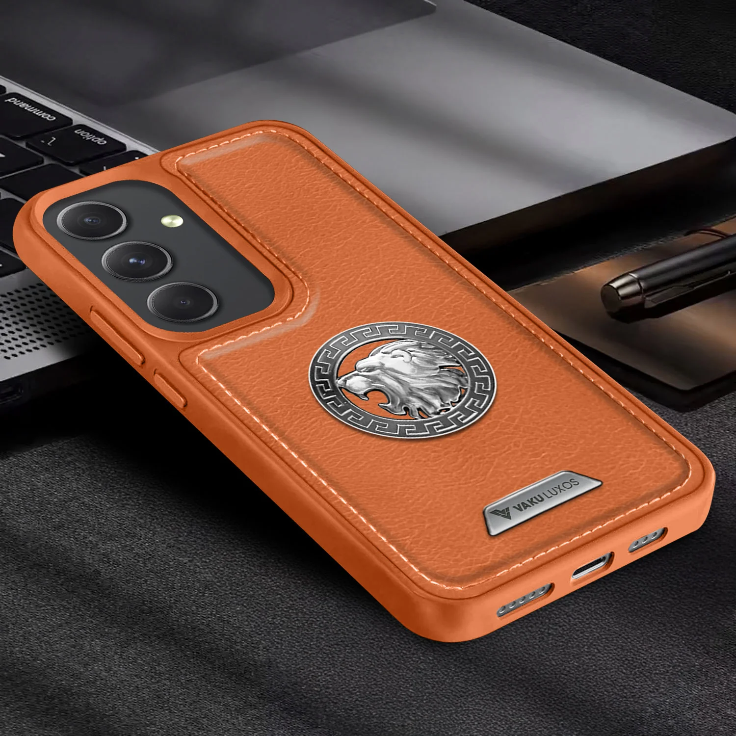 Vaku ® Samsung Galaxy A34 5G Regal Shield Metal Lion Engraved Leather Back Cover - Image 12