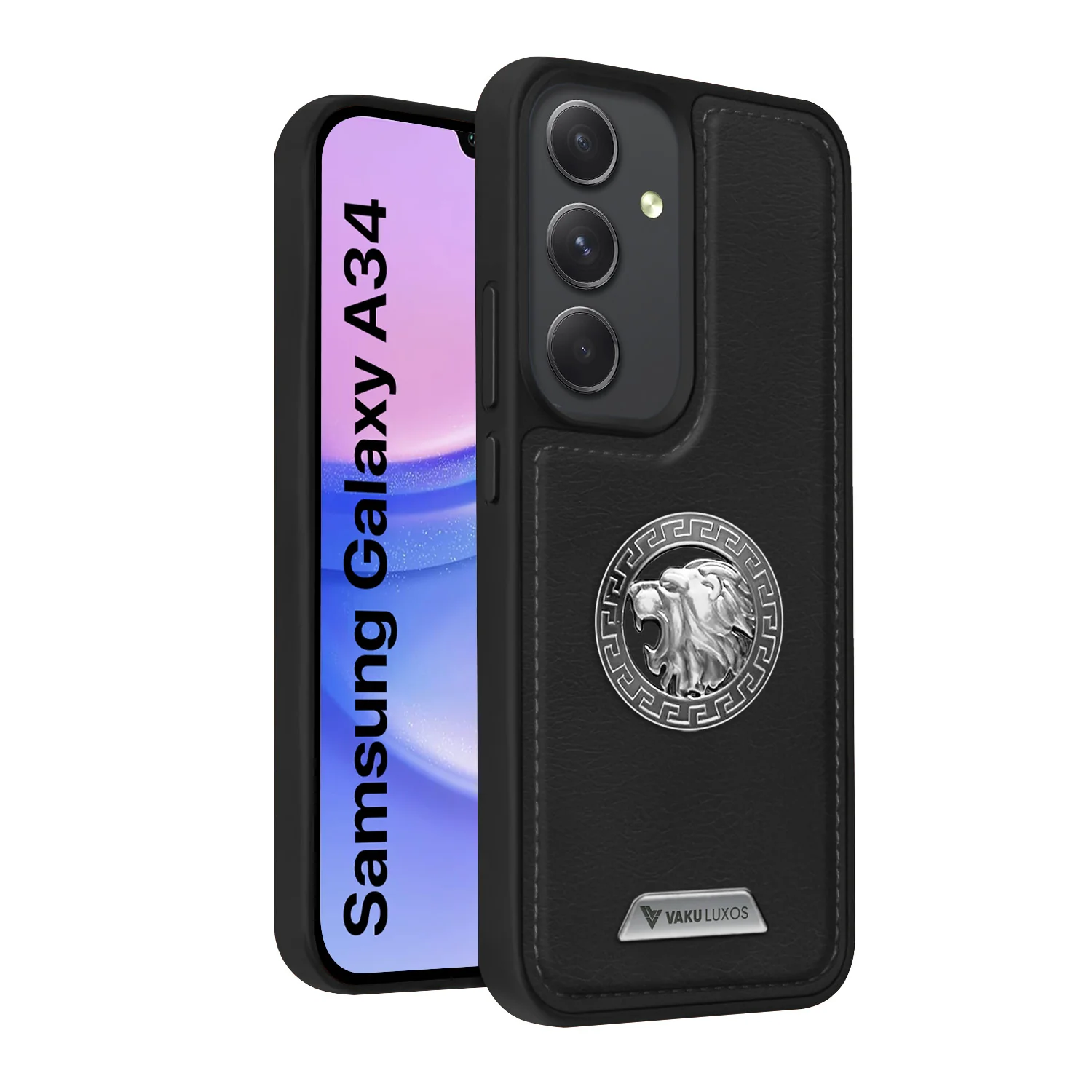 Vaku ® Samsung Galaxy A34 5G Regal Shield Metal Lion Engraved Leather Back Cover - Image 2