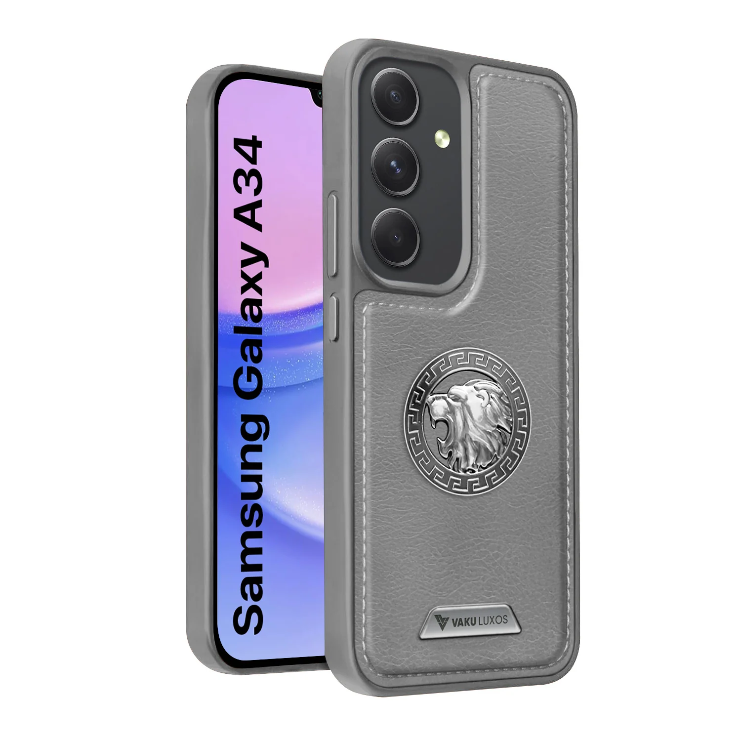 Vaku ® Samsung Galaxy A34 5G Regal Shield Metal Lion Engraved Leather Back Cover - Image 3