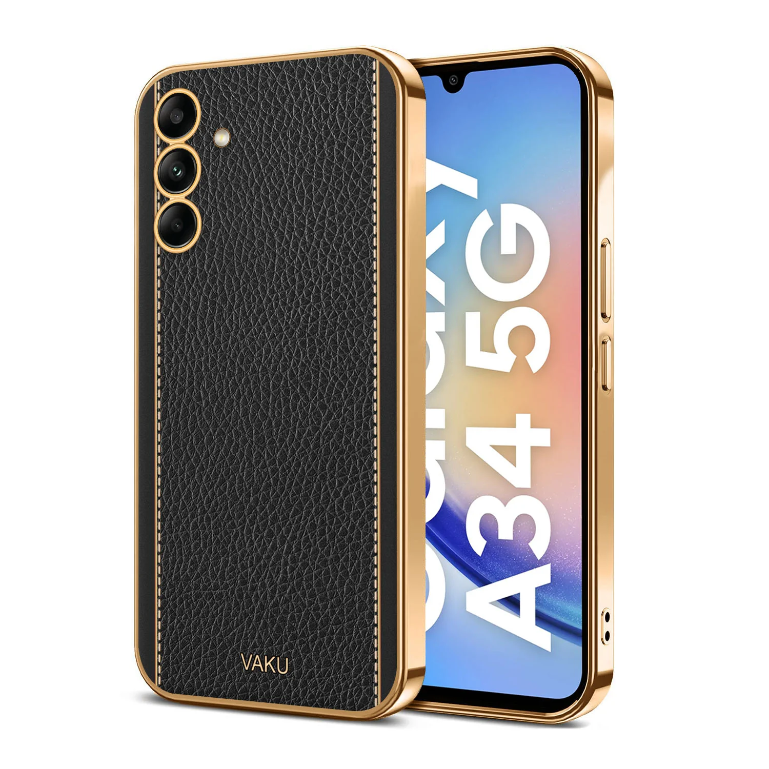 Vaku® Samsung Galaxy A34 Luxemberg Series Leather Stitched Gold Electroplated Soft TPU Back Cover - Image 4