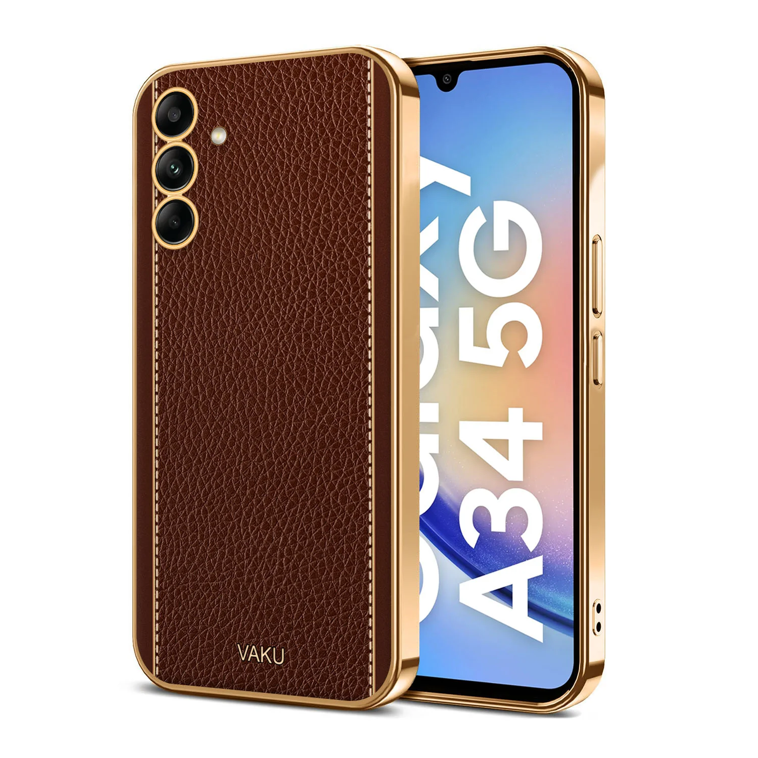 Vaku® Samsung Galaxy A34 Luxemberg Series Leather Stitched Gold Electroplated Soft TPU Back Cover - Image 6