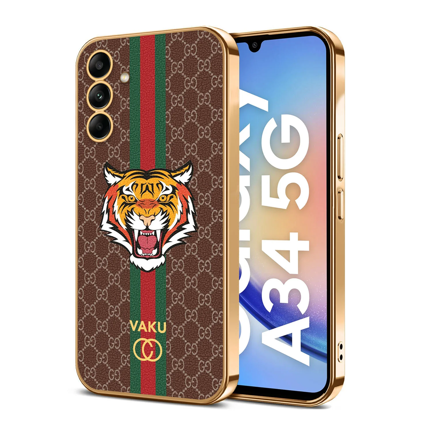 Vaku® Samsung Galaxy A34 Lynx Leather Stitched Gold Electroplated Soft TPU Back Cover Case - Image 7