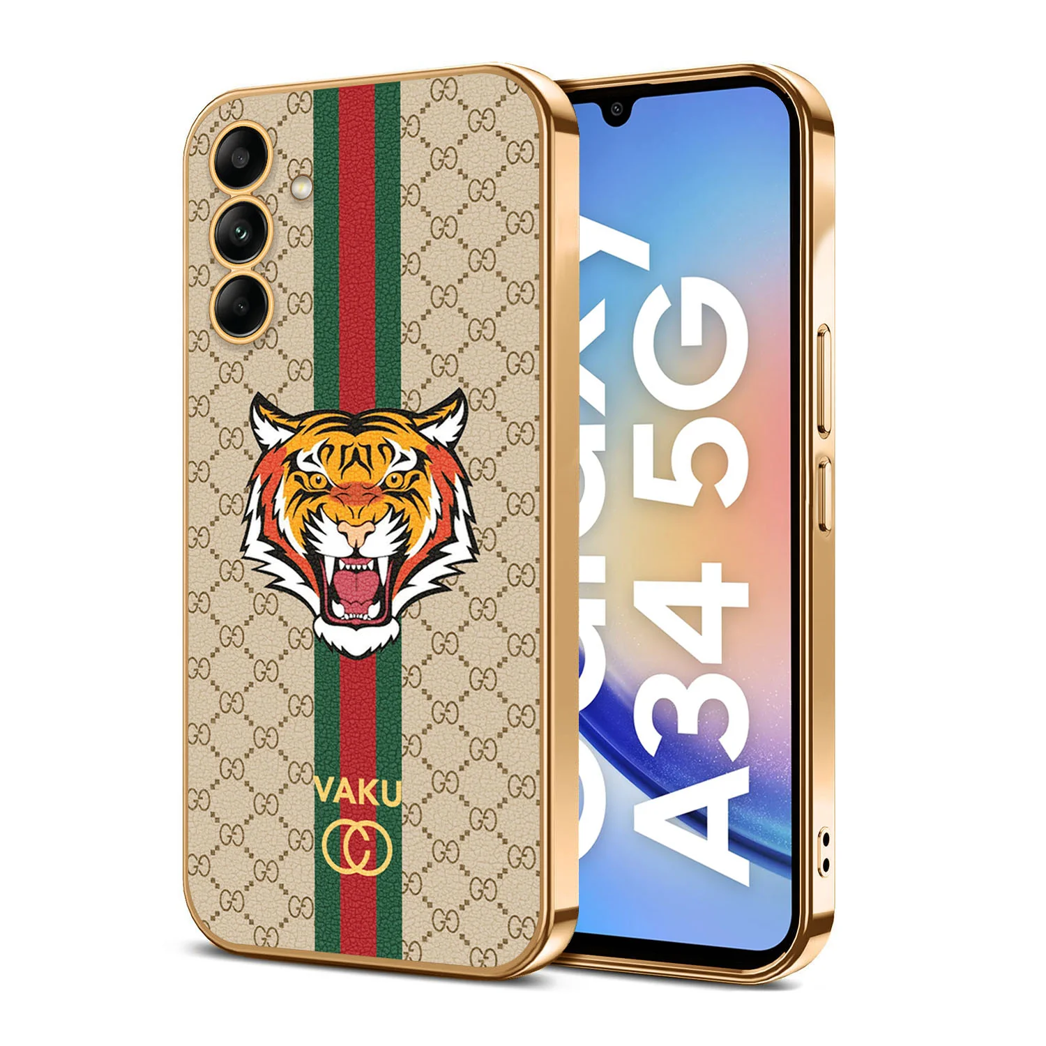Vaku® Samsung Galaxy A34 Lynx Leather Stitched Gold Electroplated Soft TPU Back Cover Case - Image 8