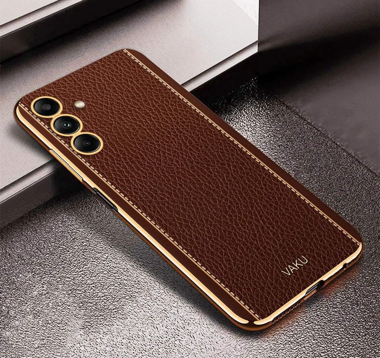 Vaku ® Samsung Galaxy A54 Luxemberg Series Leather Stitched Gold Electroplated Soft TPU Back Cover