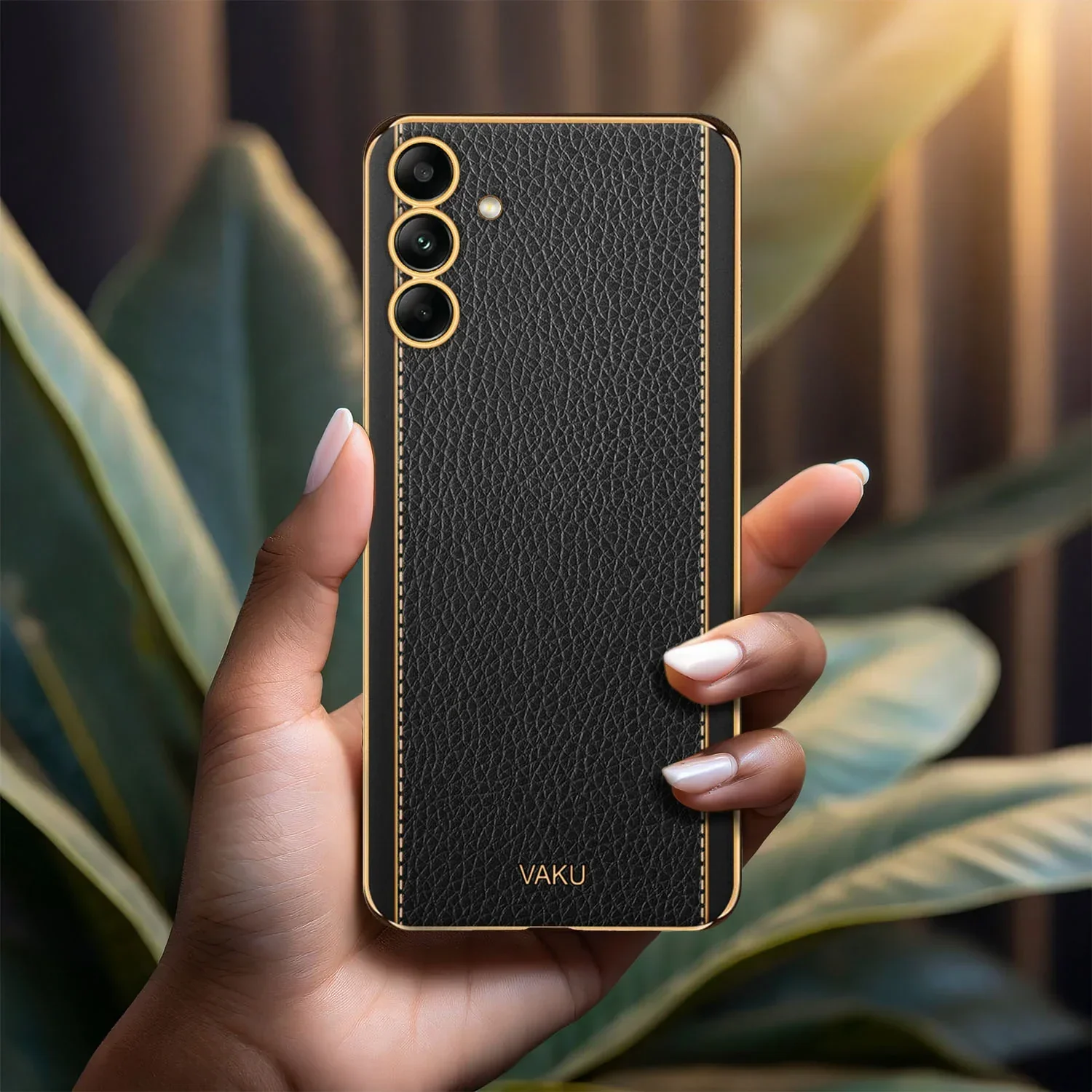 Vaku ® Samsung Galaxy A54 Luxemberg Series Leather Stitched Gold Electroplated Soft TPU Back Cover - Image 14