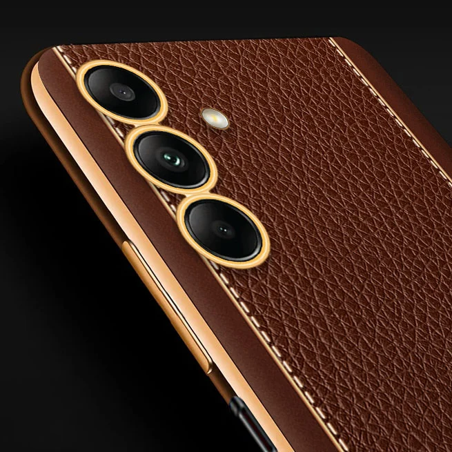 Vaku ® Samsung Galaxy A54 Luxemberg Series Leather Stitched Gold Electroplated Soft TPU Back Cover - Image 4