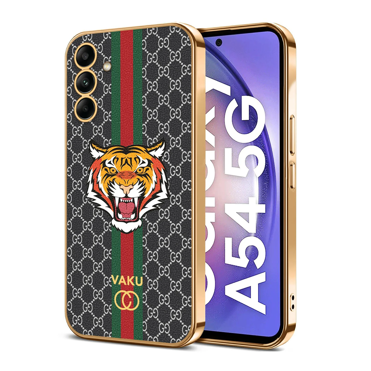 Vaku ® Samsung Galaxy A54 Lynx Leather Stitched Gold Electroplated Soft TPU Back Cover Case - Image 3