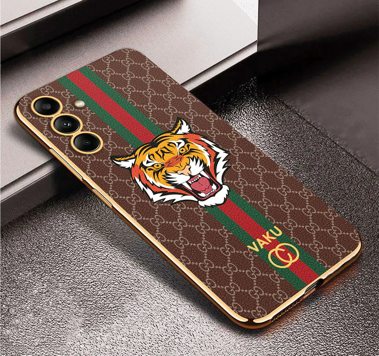 Vaku ® Samsung Galaxy A54 Lynx Leather Stitched Gold Electroplated Soft TPU Back Cover Case - Image 4