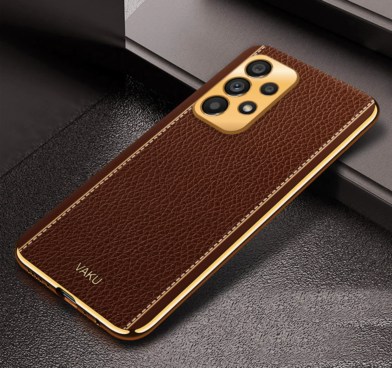 Vaku® Samsung Galaxy A73 5G Luxemberg Series Leather Stitched Gold Electroplated Soft TPU Back Cover