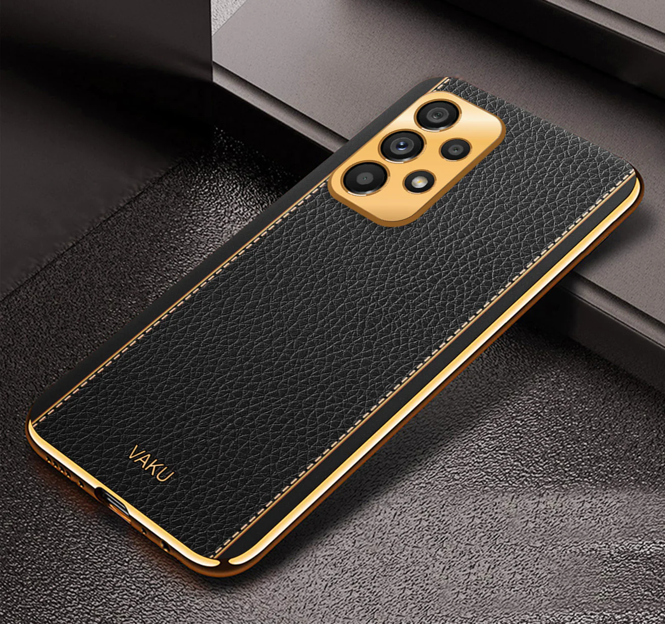 Vaku® Samsung Galaxy A73 5G Luxemberg Series Leather Stitched Gold Electroplated Soft TPU Back Cover - Image 10