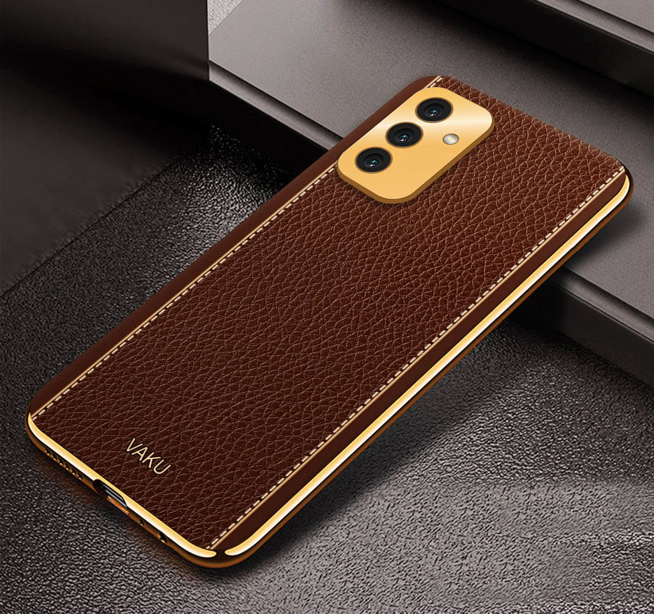 Vaku® Samsung Galaxy F13 Luxemberg Series Leather Stitched Gold Electroplated Soft TPU Back Cover - Image 12