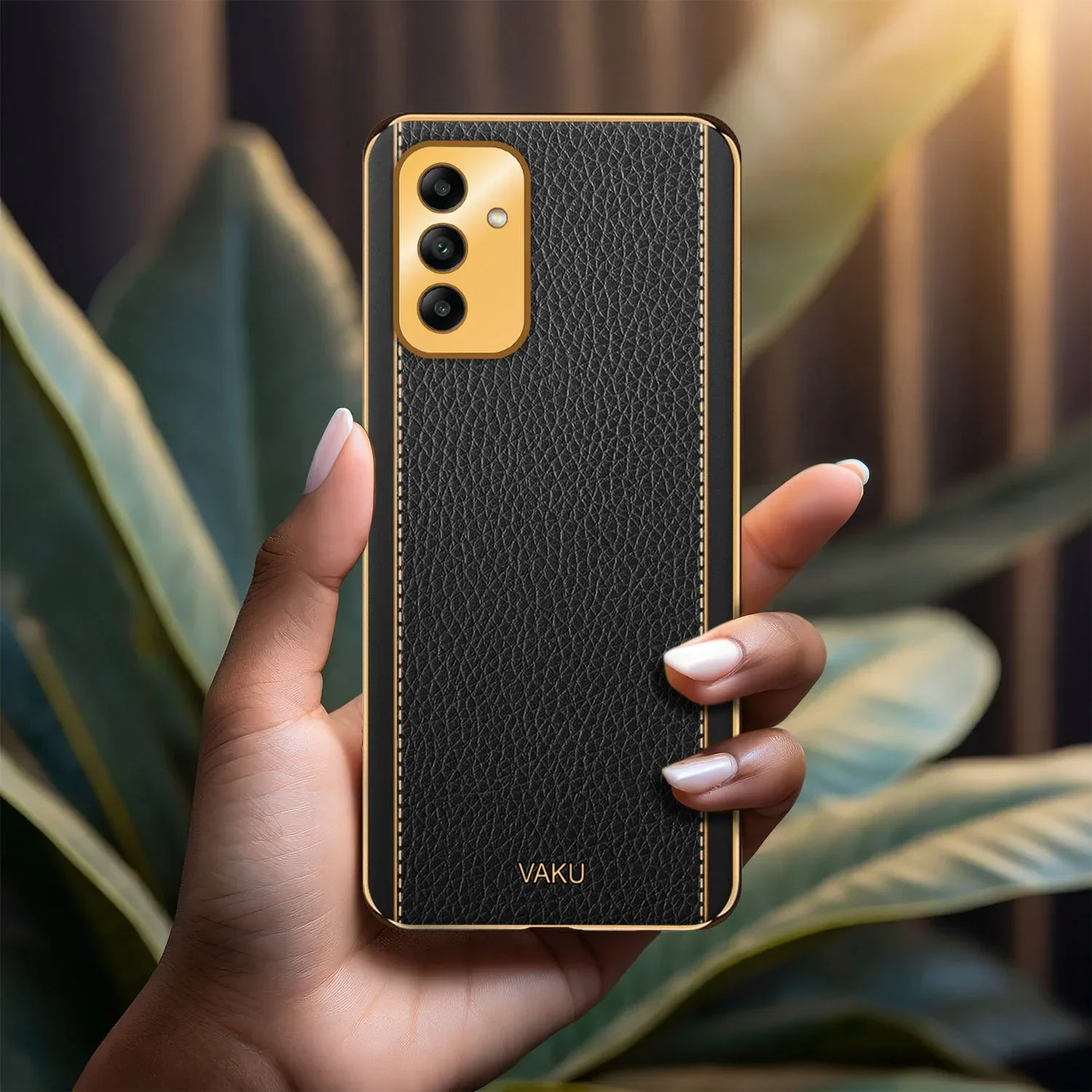 Vaku® Samsung Galaxy F13 Luxemberg Series Leather Stitched Gold Electroplated Soft TPU Back Cover - Image 13