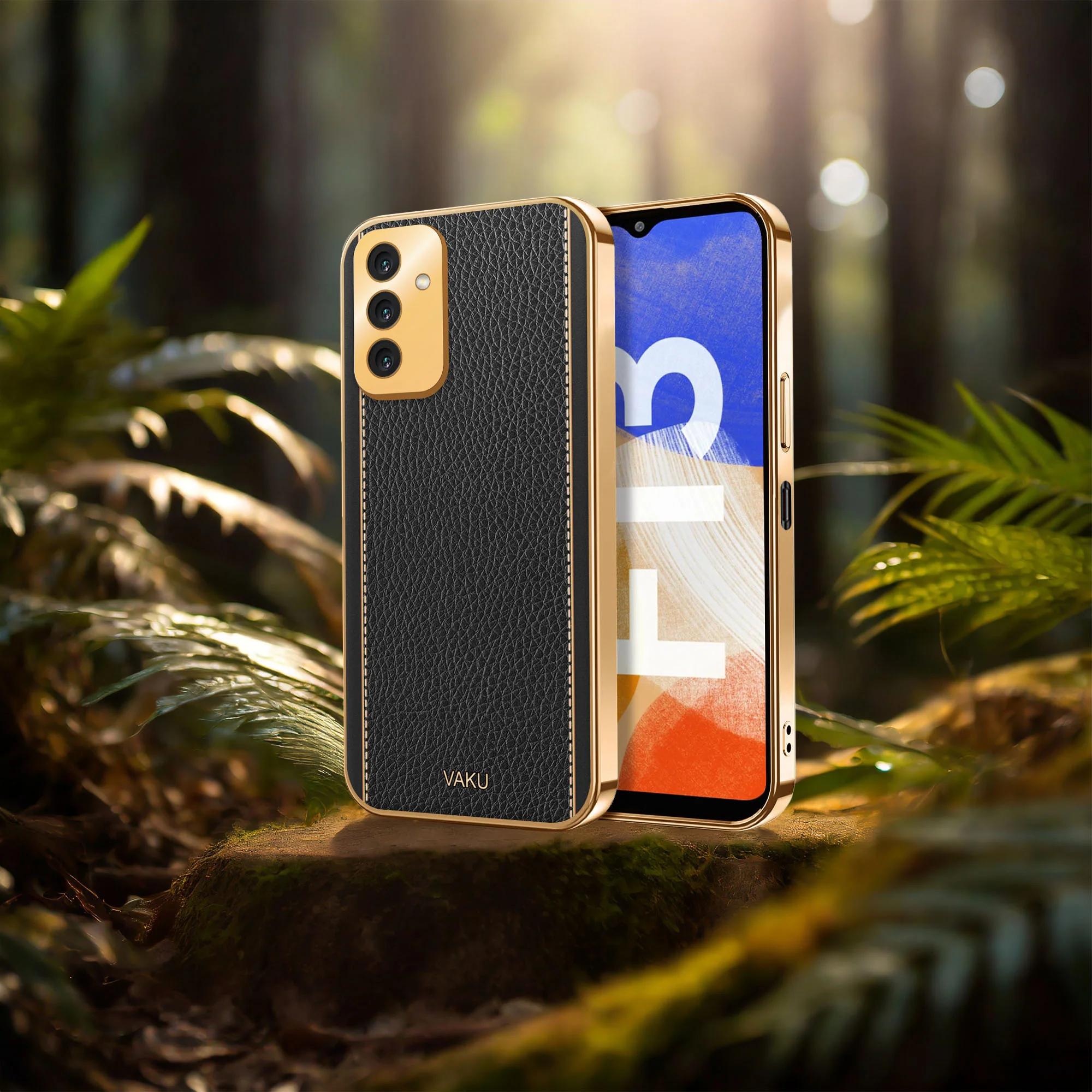 Vaku® Samsung Galaxy F13 Luxemberg Series Leather Stitched Gold Electroplated Soft TPU Back Cover - Image 14