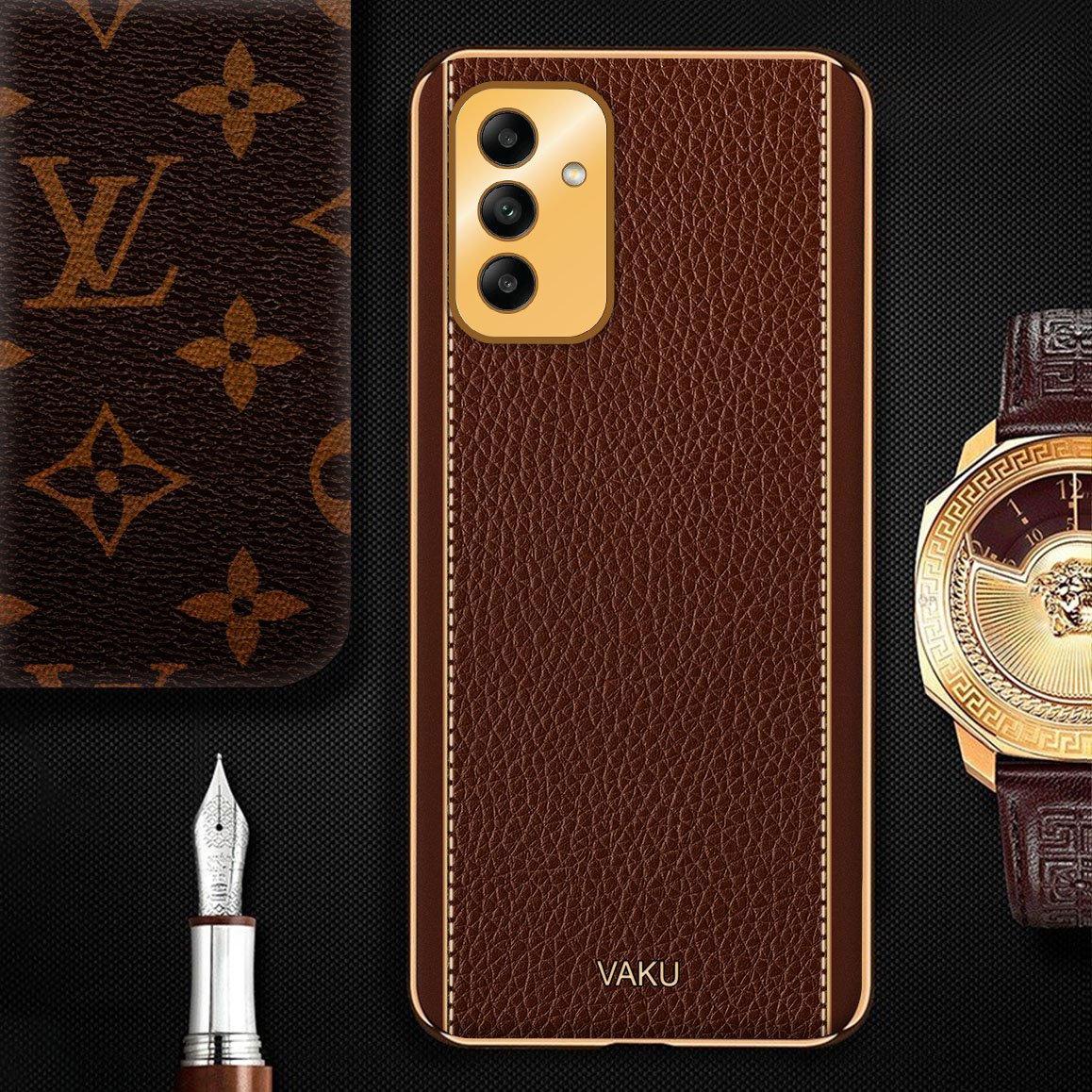 Vaku® Samsung Galaxy F13 Luxemberg Series Leather Stitched Gold Electroplated Soft TPU Back Cover - Image 15