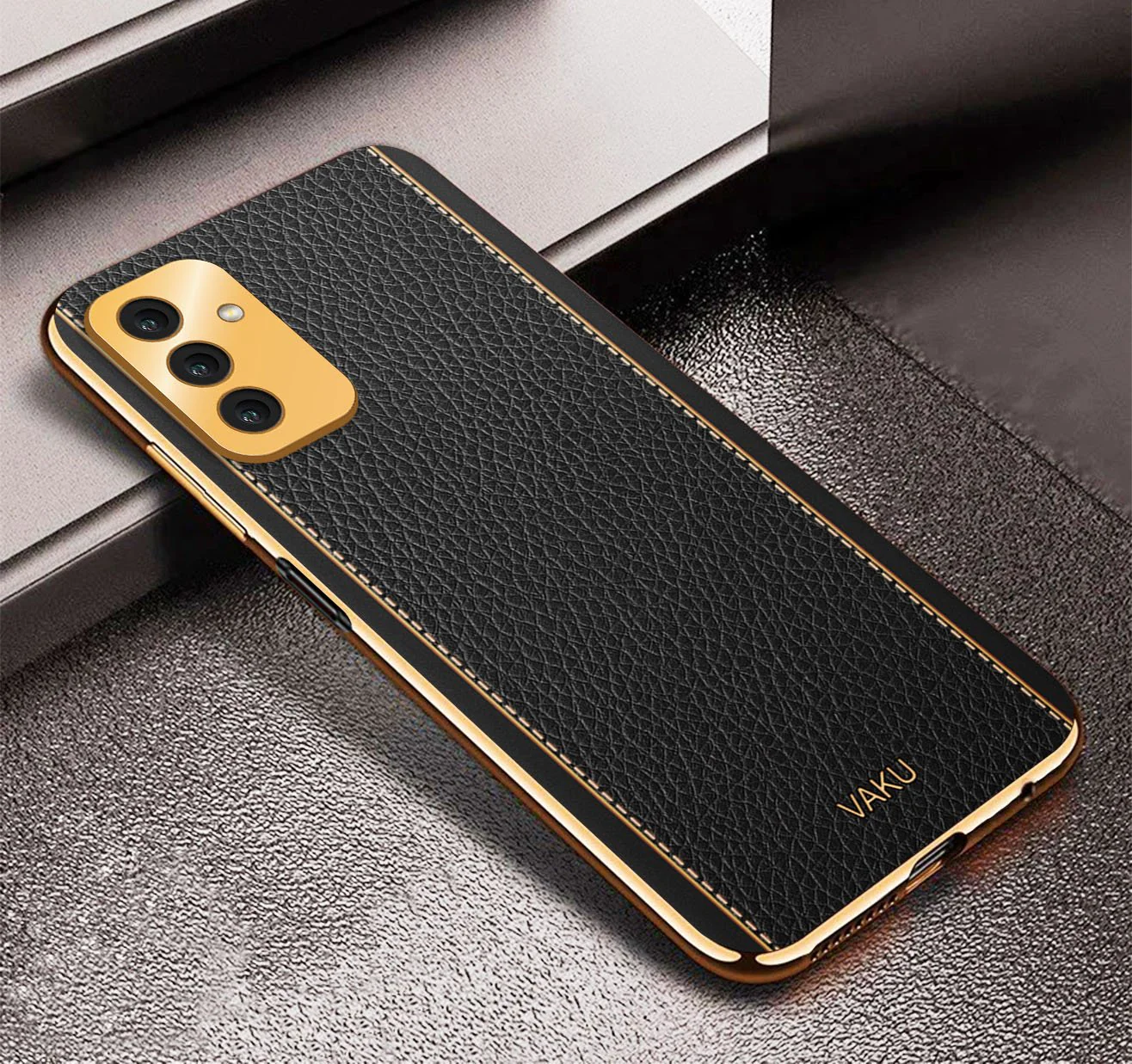 Vaku® Samsung Galaxy F13 Luxemberg Series Leather Stitched Gold Electroplated Soft TPU Back Cover - Image 2