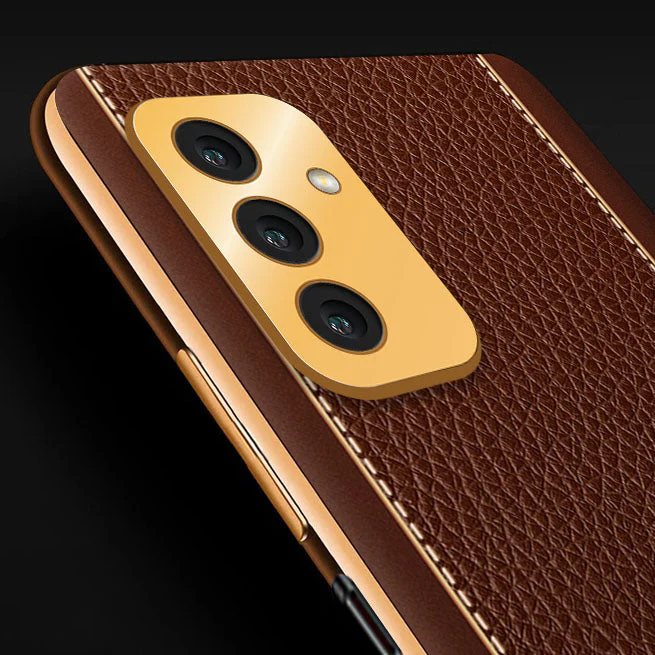 Vaku® Samsung Galaxy F13 Luxemberg Series Leather Stitched Gold Electroplated Soft TPU Back Cover - Image 3