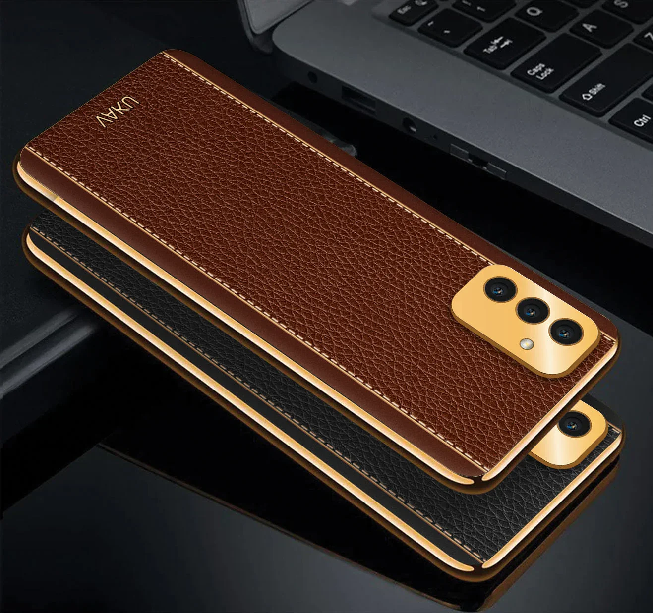 Vaku® Samsung Galaxy F13 Luxemberg Series Leather Stitched Gold Electroplated Soft TPU Back Cover - Image 4