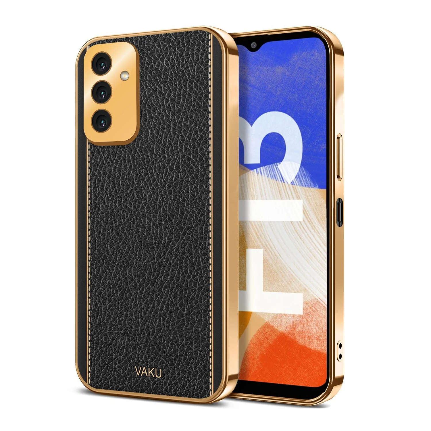 Vaku® Samsung Galaxy F13 Luxemberg Series Leather Stitched Gold Electroplated Soft TPU Back Cover - Image 5