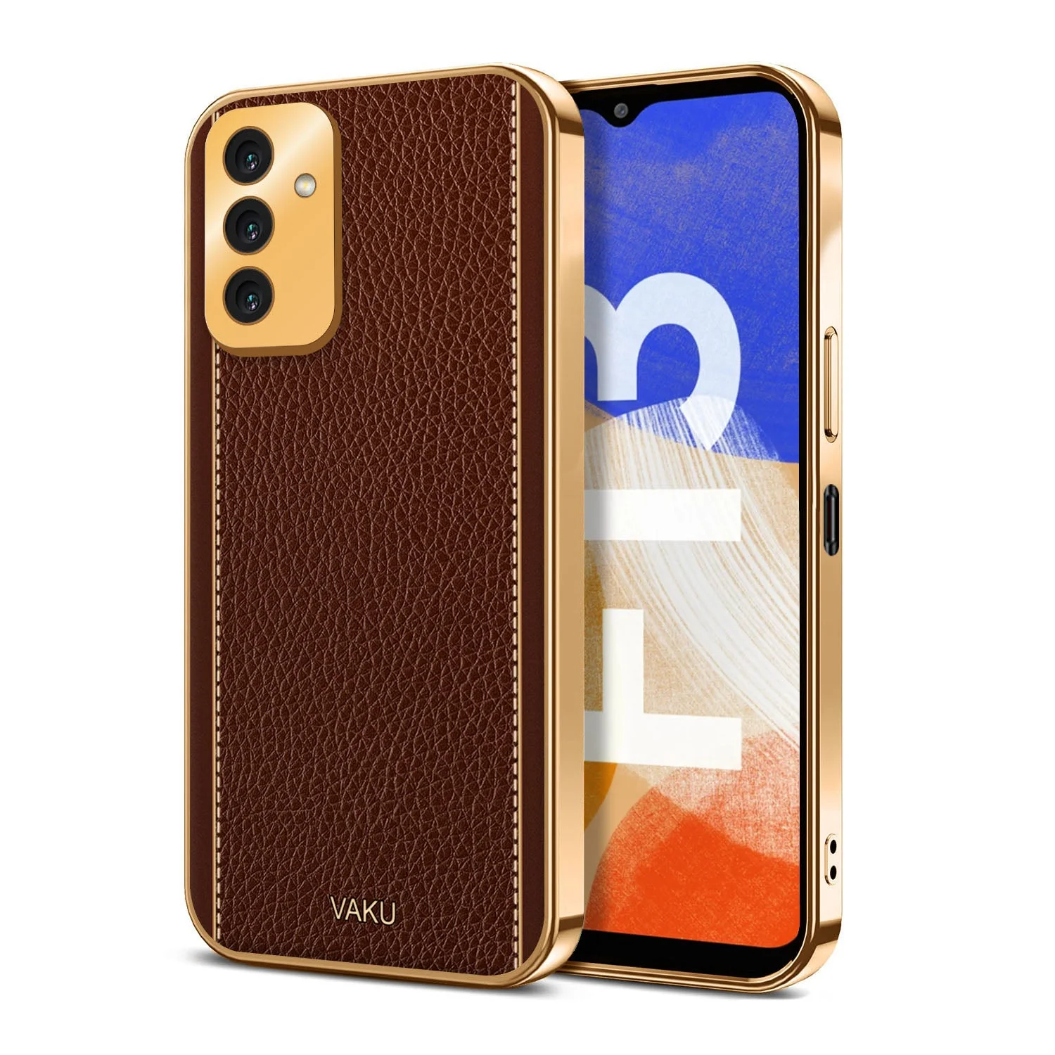 Vaku® Samsung Galaxy F13 Luxemberg Series Leather Stitched Gold Electroplated Soft TPU Back Cover - Image 6
