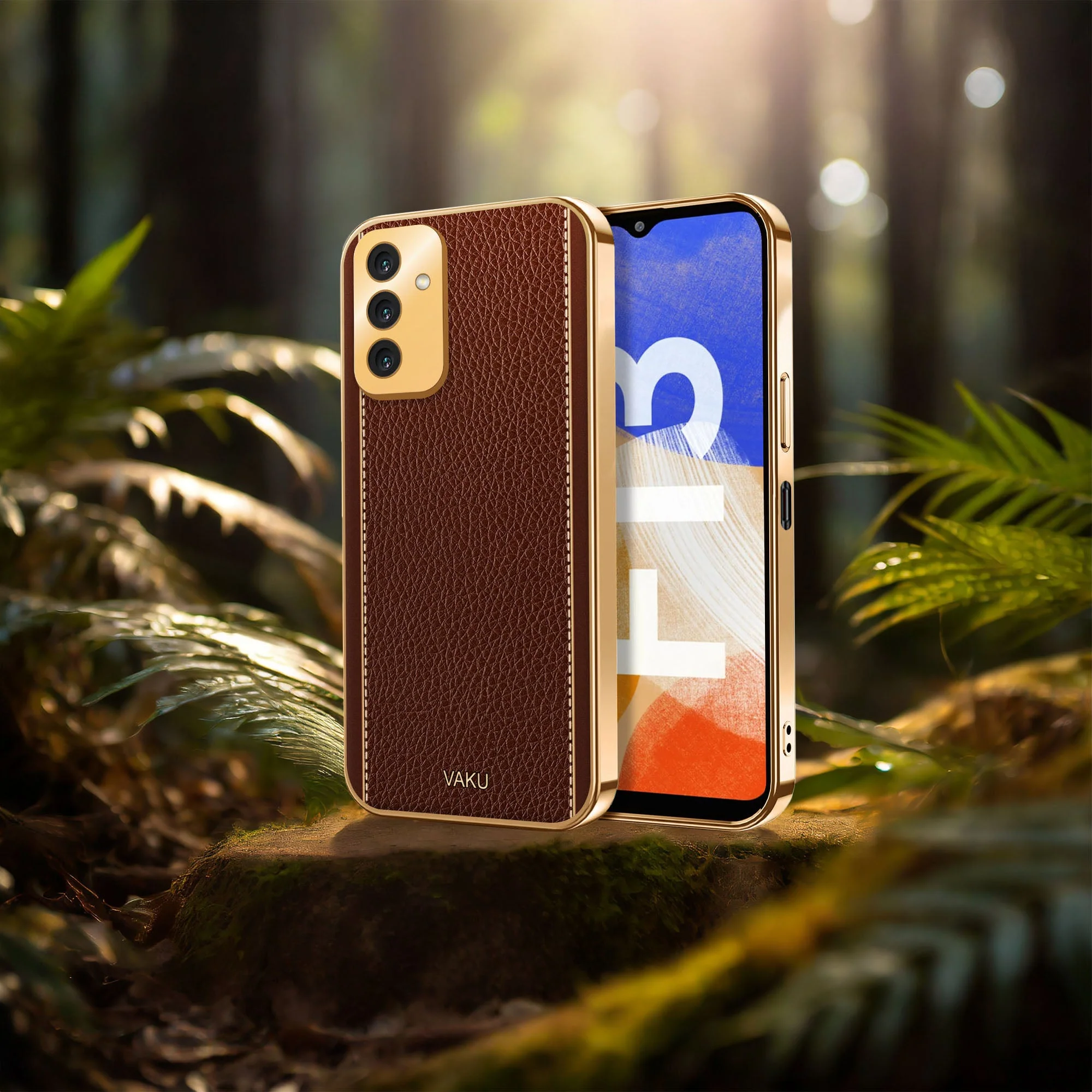 Vaku® Samsung Galaxy F13 Luxemberg Series Leather Stitched Gold Electroplated Soft TPU Back Cover - Image 7