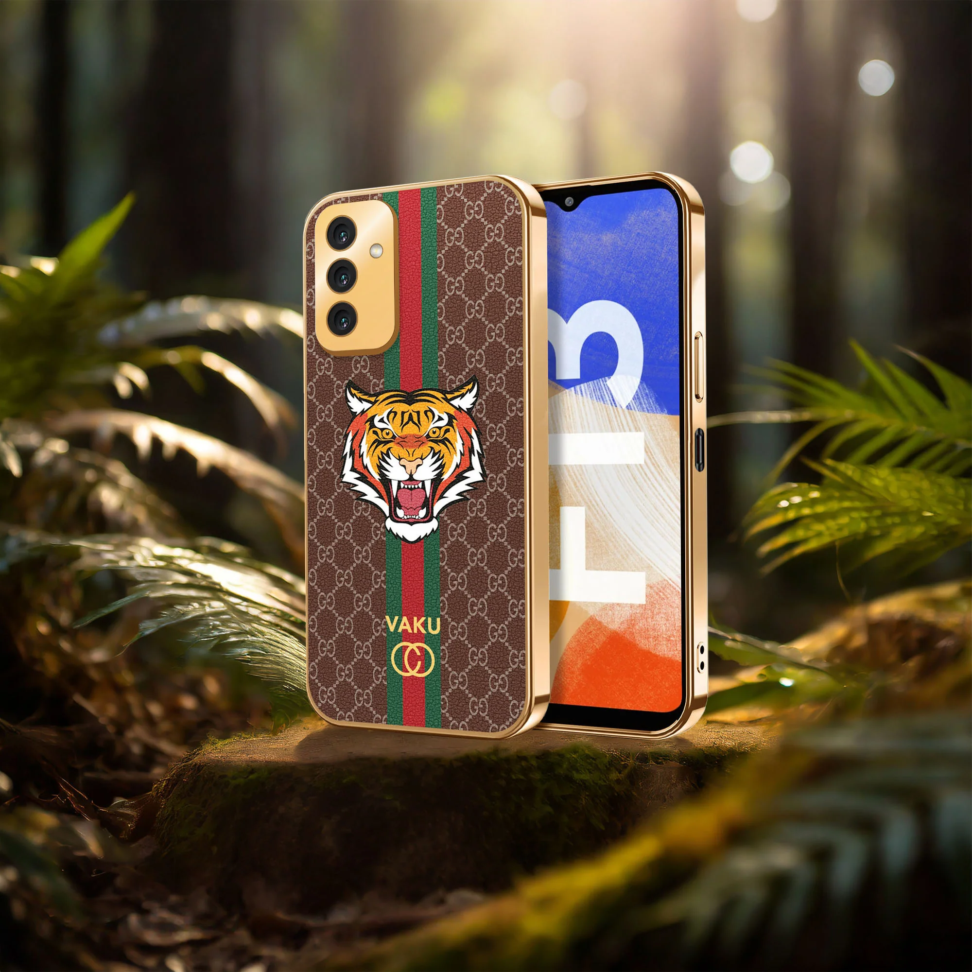 Vaku® Samsung Galaxy F13 Lynx Line Leather Stitched Gold Electroplated Soft TPU Back Cover Case - Image 11