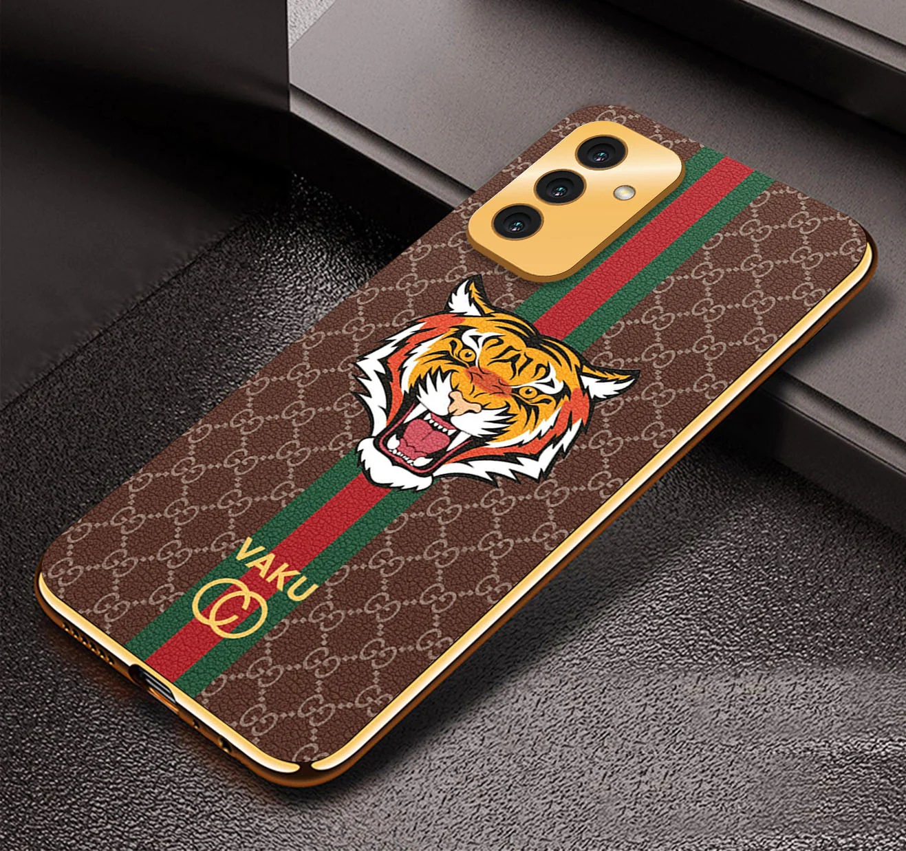 Vaku® Samsung Galaxy F13 Lynx Line Leather Stitched Gold Electroplated Soft TPU Back Cover Case - Image 2