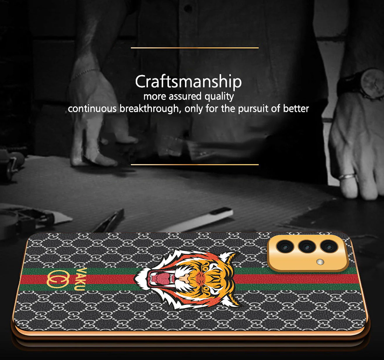 Vaku® Samsung Galaxy F13 Lynx Line Leather Stitched Gold Electroplated Soft TPU Back Cover Case - Image 5