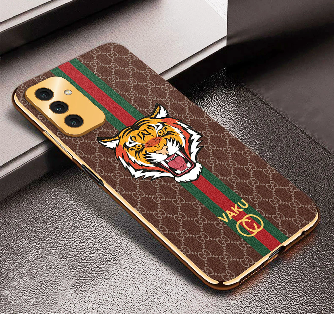 Vaku® Samsung Galaxy F13 Lynx Line Leather Stitched Gold Electroplated Soft TPU Back Cover Case - Image 8