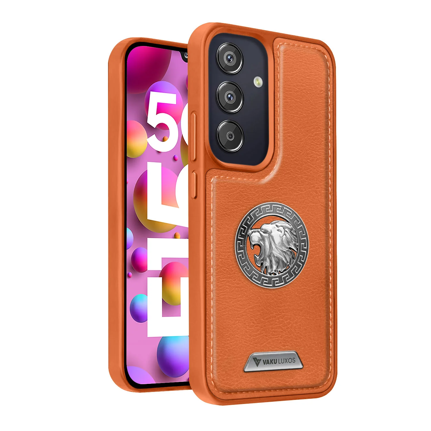 Vaku ® Samsung Galaxy F15 5G Regal Shield Metal Lion Engraved Leather Back Cover