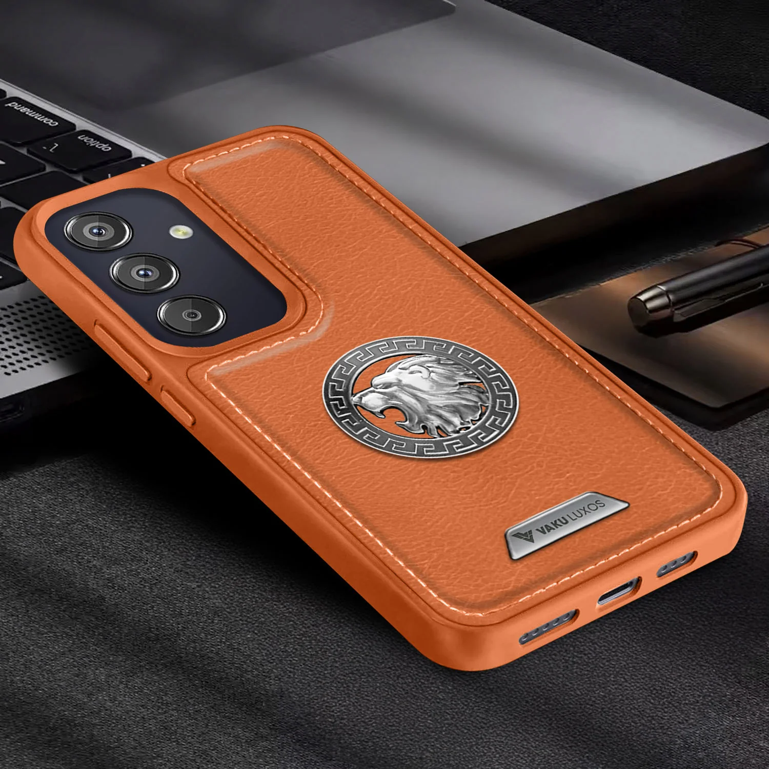 Vaku ® Samsung Galaxy F15 5G Regal Shield Metal Lion Engraved Leather Back Cover - Image 10