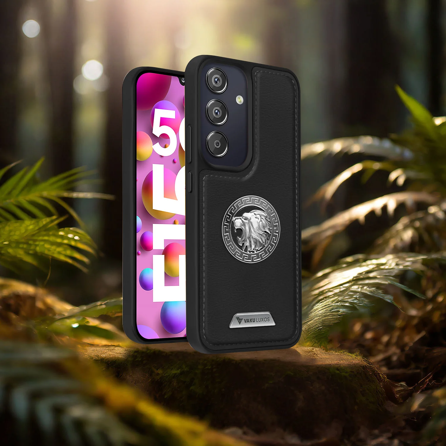 Vaku ® Samsung Galaxy F15 5G Regal Shield Metal Lion Engraved Leather Back Cover - Image 11