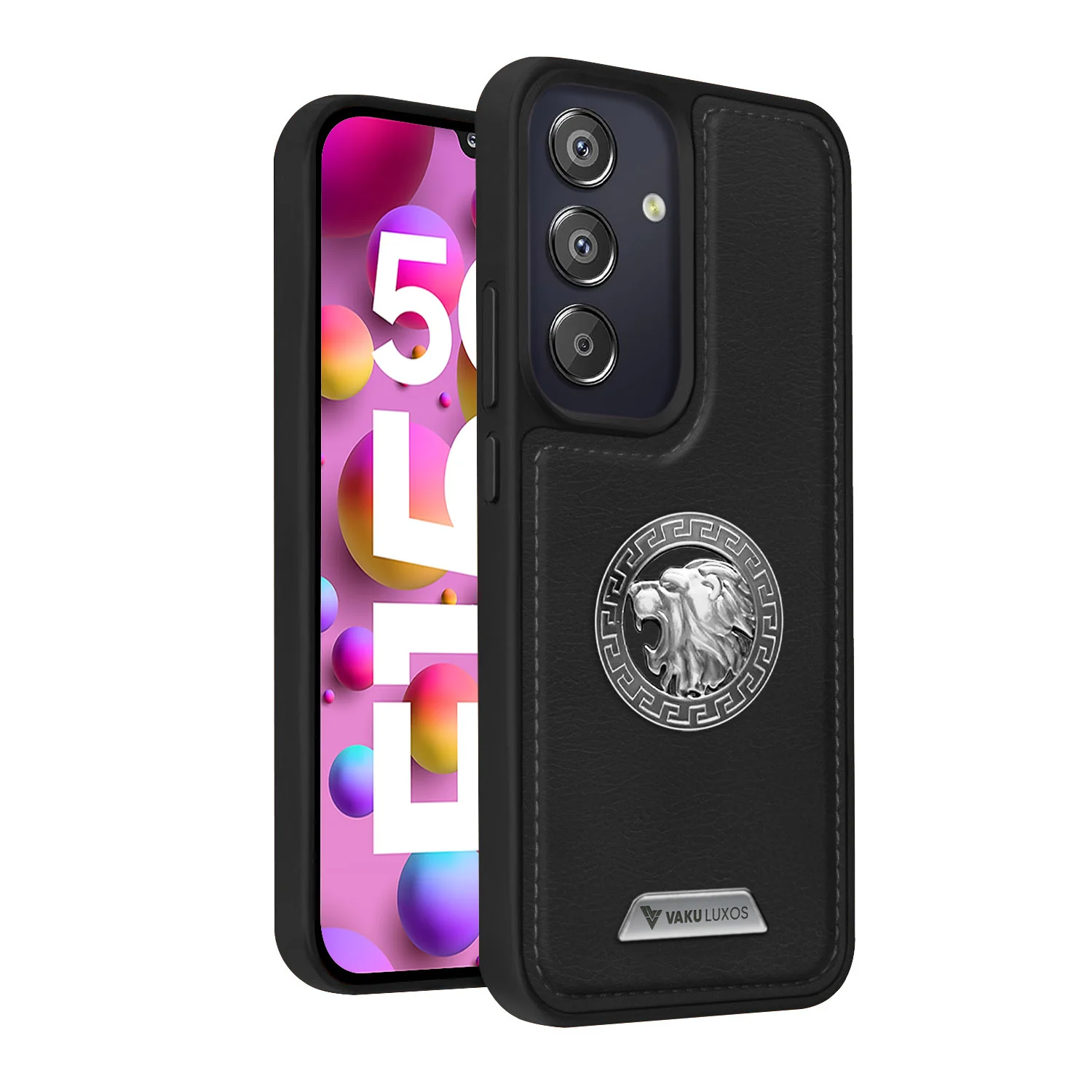 Vaku ® Samsung Galaxy F15 5G Regal Shield Metal Lion Engraved Leather Back Cover - Image 2