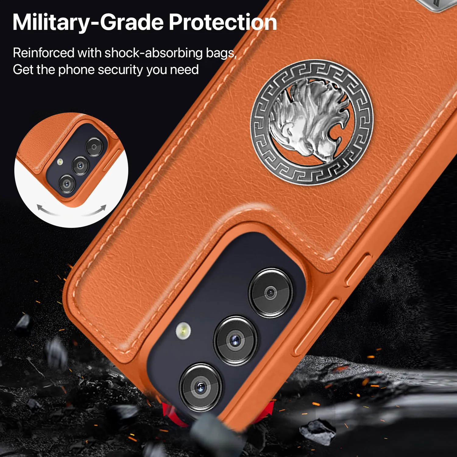 Vaku ® Samsung Galaxy F15 5G Regal Shield Metal Lion Engraved Leather Back Cover - Image 5