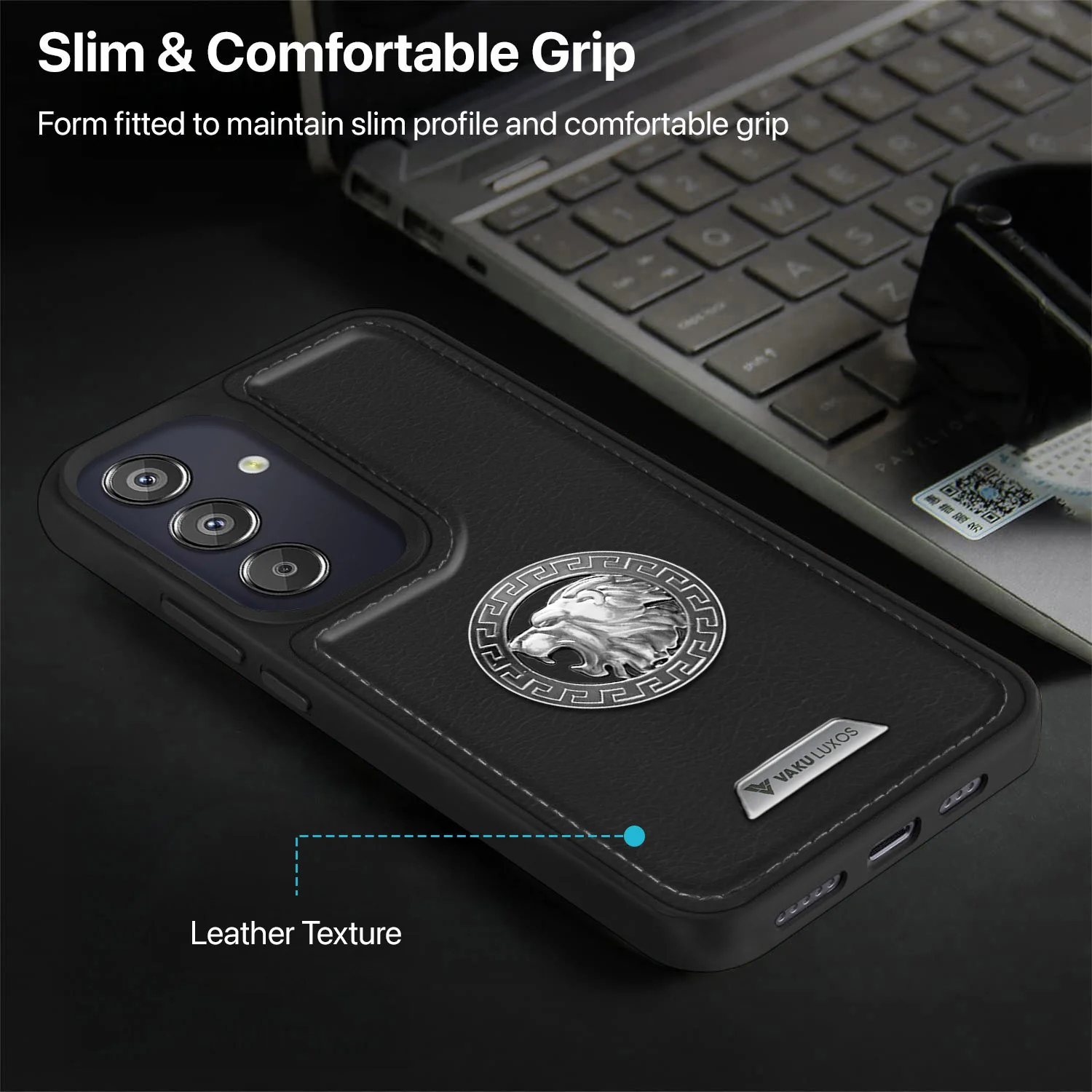 Vaku ® Samsung Galaxy F15 5G Regal Shield Metal Lion Engraved Leather Back Cover - Image 6