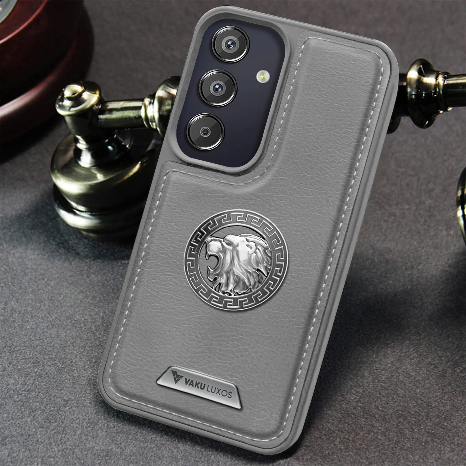 Vaku ® Samsung Galaxy F15 5G Regal Shield Metal Lion Engraved Leather Back Cover - Image 9