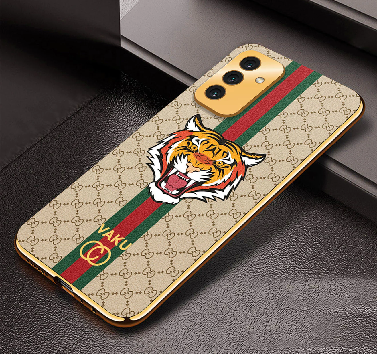 Vaku® Samsung Galaxy F23 Lynx Line Leather Stitched Gold Electroplated Soft TPU Back Cover Case