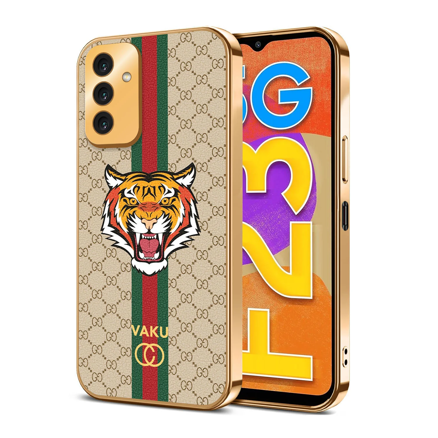 Vaku® Samsung Galaxy F23 Lynx Line Leather Stitched Gold Electroplated Soft TPU Back Cover Case - Image 16