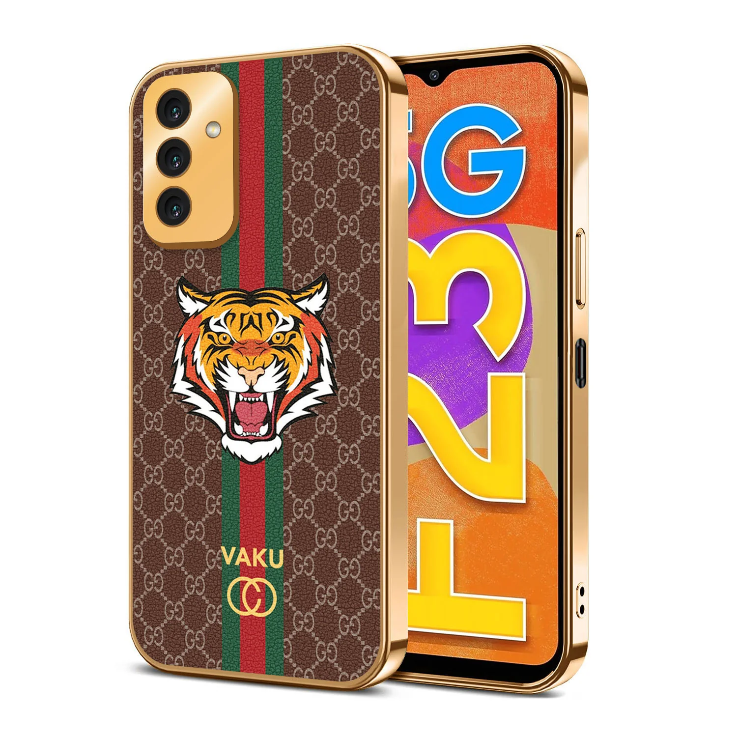 Vaku® Samsung Galaxy F23 Lynx Line Leather Stitched Gold Electroplated Soft TPU Back Cover Case - Image 6