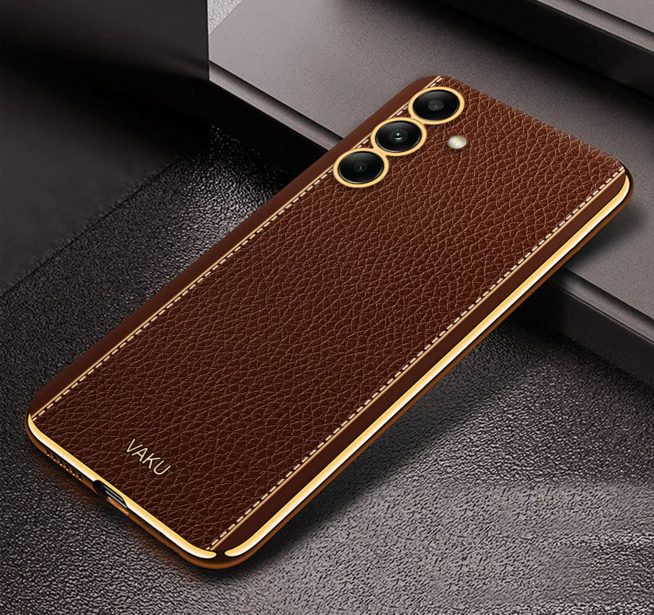 Vaku® Samsung Galaxy M14 5G Luxemberg Leather Pattern Gold Electroplated Soft TPU Back Cover - Image 2
