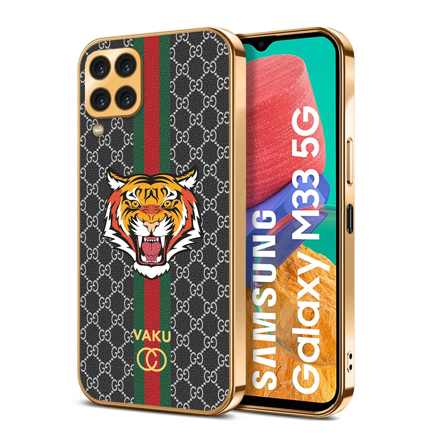 Vaku® Samsung Galaxy M33 5G Lynx Leather Stitched Gold Electroplated Soft TPU Back Cover Case - Image 11