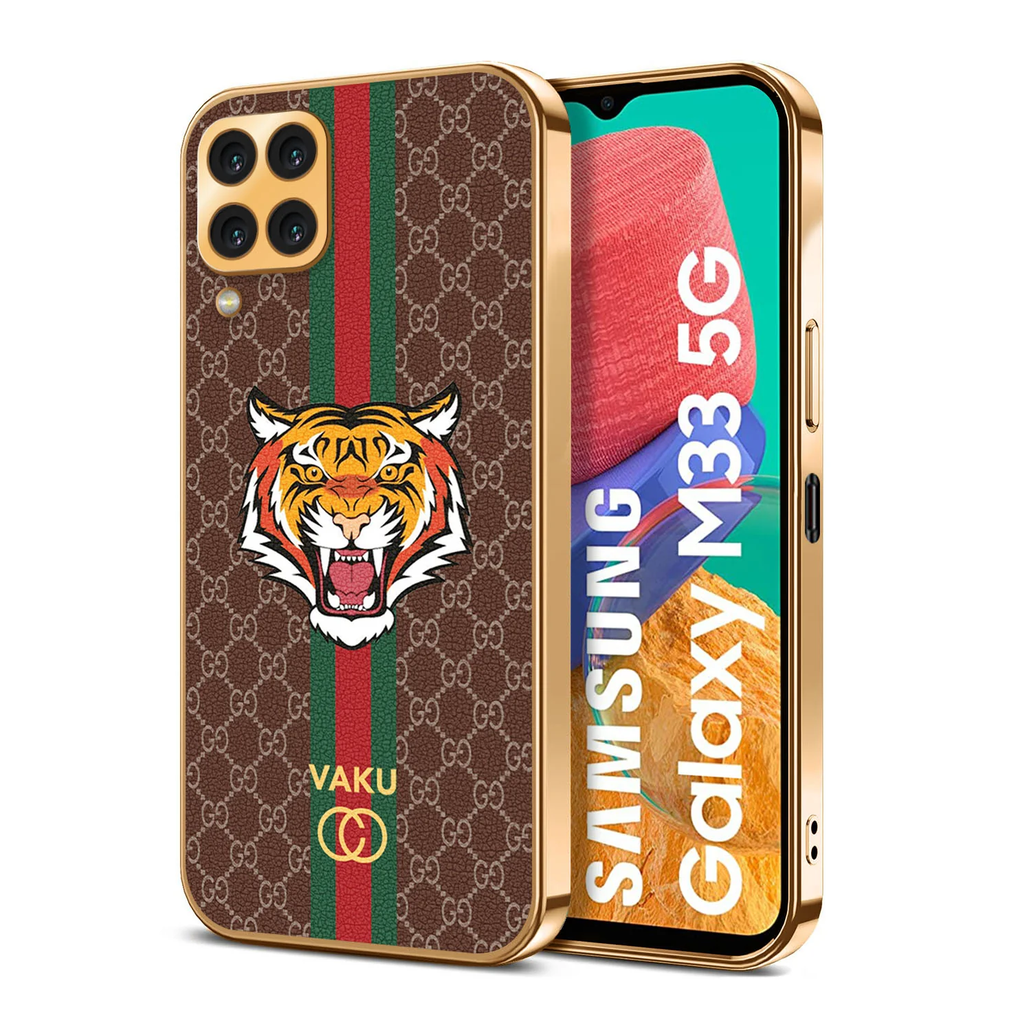 Vaku® Samsung Galaxy M33 5G Lynx Leather Stitched Gold Electroplated Soft TPU Back Cover Case - Image 14