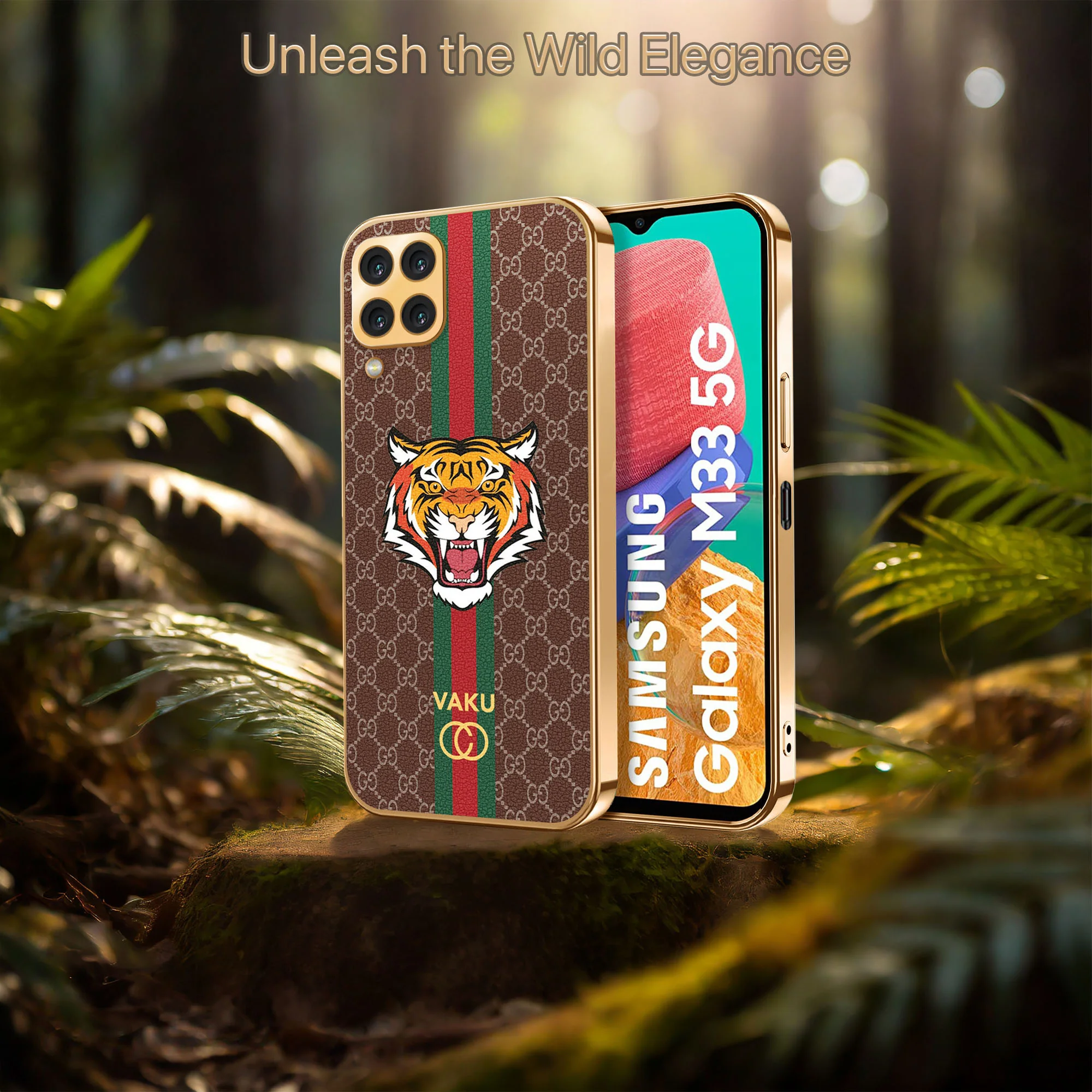 Vaku® Samsung Galaxy M33 5G Lynx Leather Stitched Gold Electroplated Soft TPU Back Cover Case - Image 15