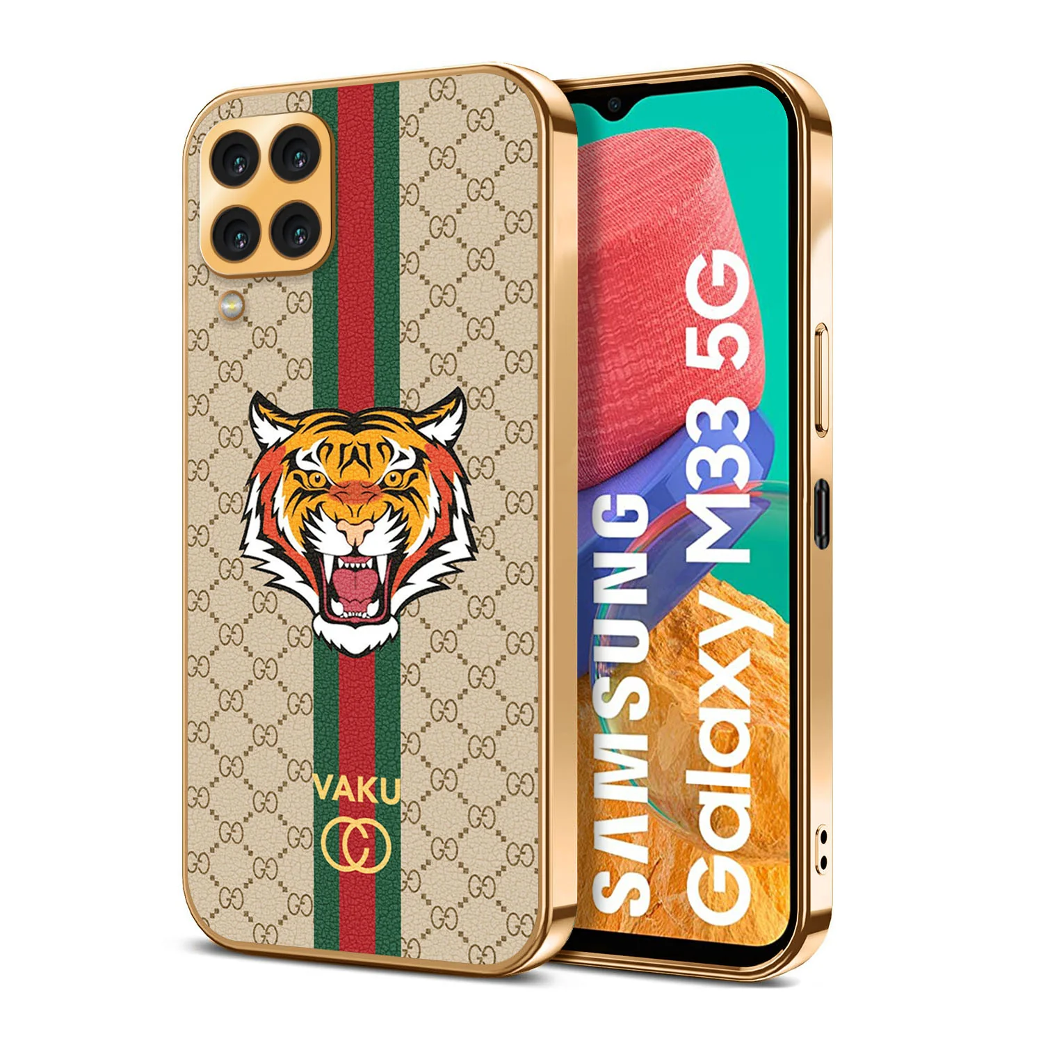 Vaku® Samsung Galaxy M33 5G Lynx Leather Stitched Gold Electroplated Soft TPU Back Cover Case - Image 16