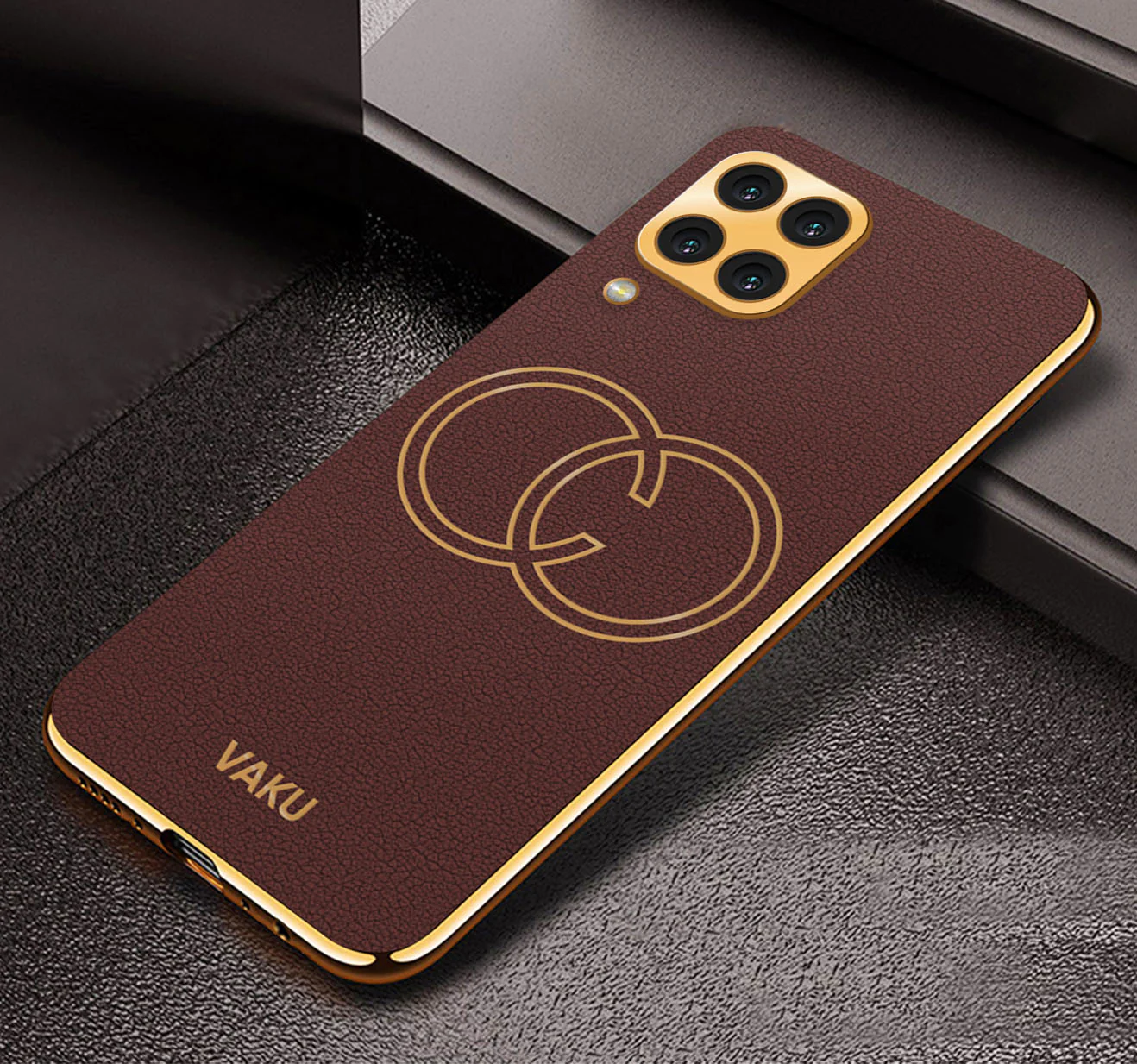 Vaku® Samsung Galaxy M33 5G Skylar Leather Pattern Gold Electroplated Soft TPU Back Cover - Image 3