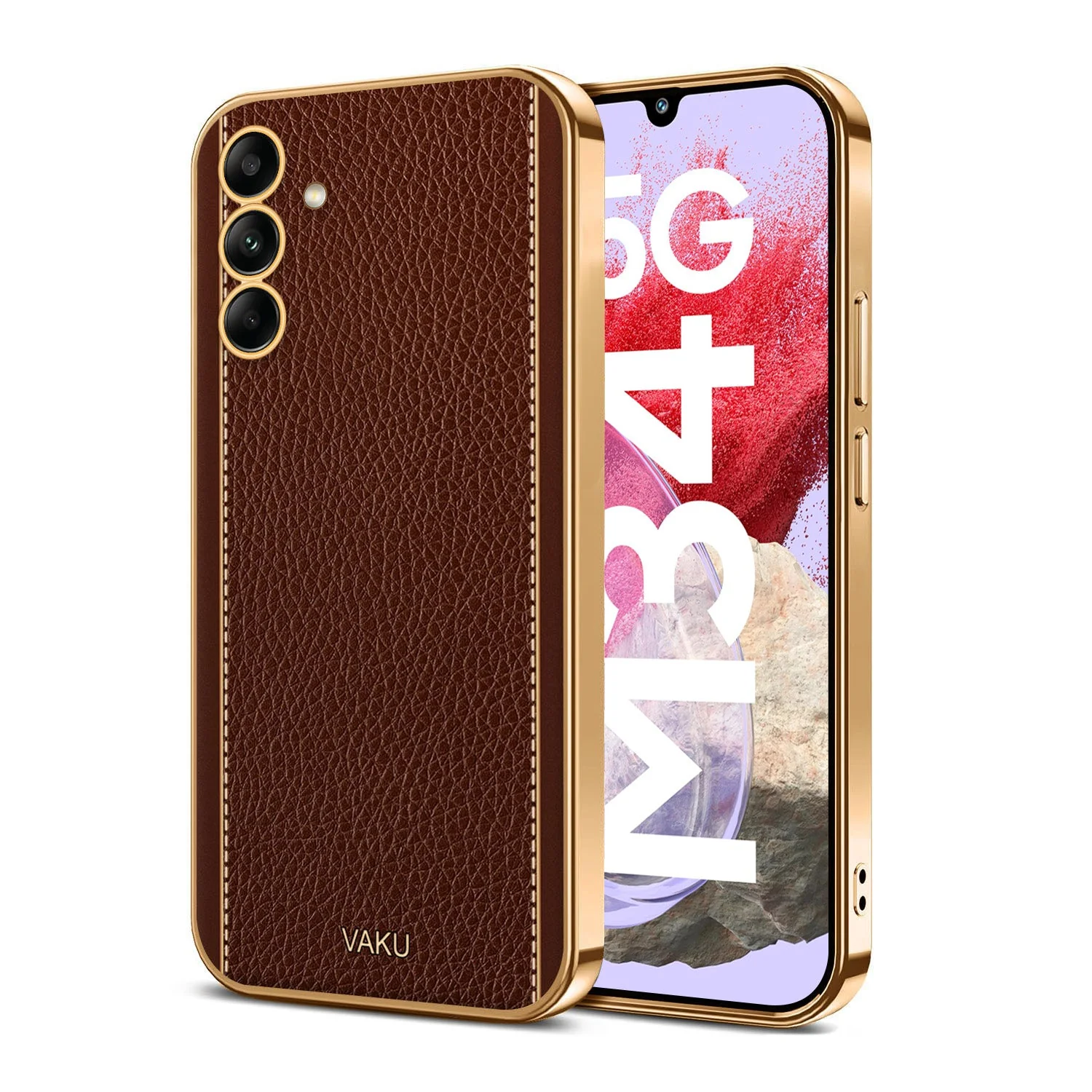 Vaku ® Samsung Galaxy M34 5G Luxemberg Leather Pattern Gold Electroplated Soft TPU Back Cover - Image 12