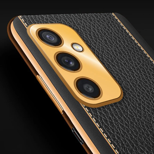Vaku® Samsung Galaxy M52 5G Luxemberg Series Leather Stitched Gold Electroplated Soft TPU Back Cover - Image 2