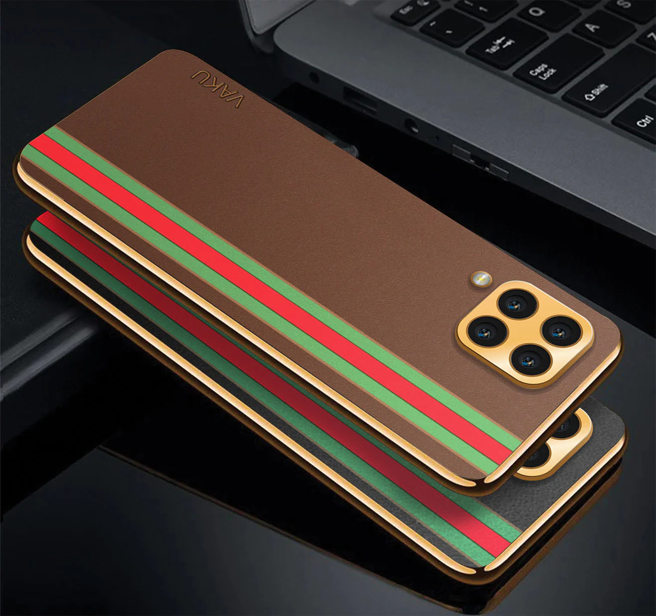 Vaku® Samsung Galaxy M53 5G Felix Line Leather Stitched Gold Electroplated Soft TPU Back Cover Case - Image 3