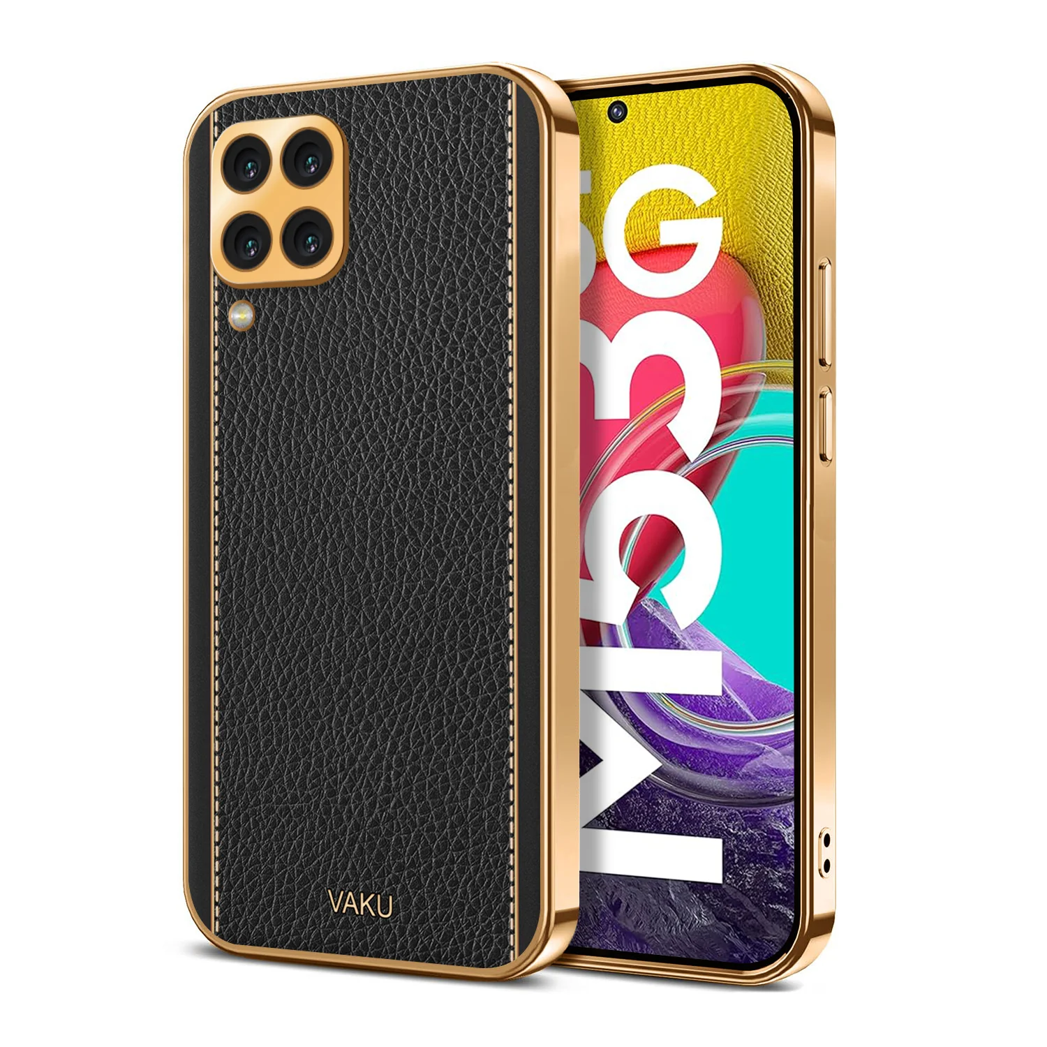 Vaku® Samsung Galaxy M53 5G Luxemberg Series Leather Stitched Gold Electroplated Soft TPU Back Cover - Image 2
