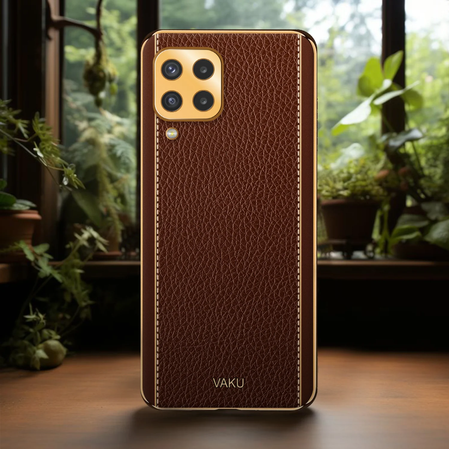 Vaku® Samsung Galaxy M53 5G Luxemberg Series Leather Stitched Gold Electroplated Soft TPU Back Cover - Image 3